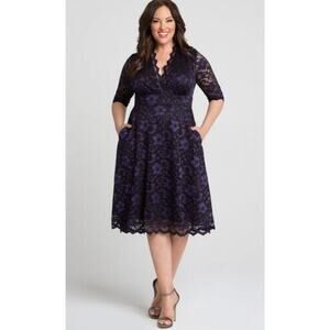 Kiyonna Dress 5X Mon Cherie Violet Noir Lace Party Pockets Blue Black Slimming